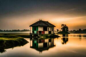 a small house sits on the edge of a lake at sunset. AI-Generated photo