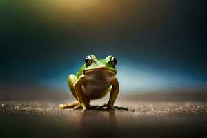 a frog is sitting on the ground in front of a blurry background. AI-Generated photo