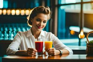 a woman is holding two glasses of juice. AI-Generated photo