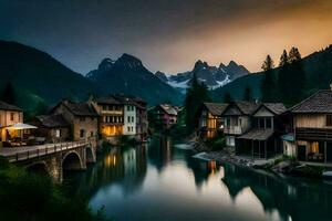 photo wallpaper the sky, mountains, river, houses, the alps, the alps,. AI-Generated