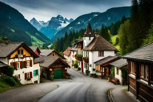 photo wallpaper the sky, mountains, road, houses, trees, mountains, village, road,. AI-Generated