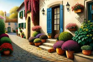 a painting of a street with flowers and plants. AI-Generated photo