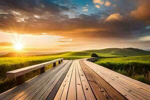 the sun rises over a wooden boardwalk in a field. AI-Generated photo