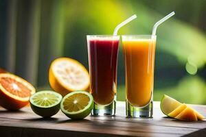 two glasses of orange juice and lemon slices. AI-Generated photo