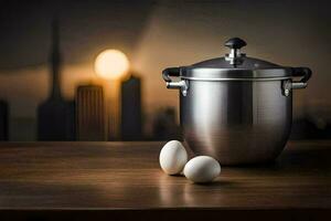 an egg and a pot on a table with a city in the background. AI-Generated photo