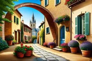 an illustration of a street with flowers and potted plants. AI-Generated photo