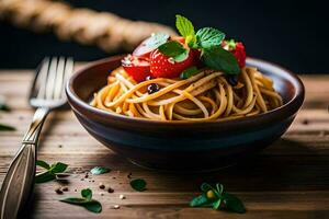 spaghetti with tomatoes and basil on a wooden table. AI-Generated photo