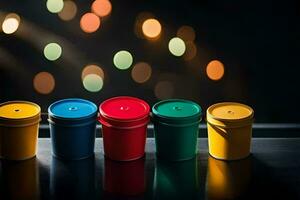 four colorful paint buckets on a table with bokeh lights. AI-Generated photo