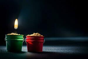 two buckets with sand and a lit candle. AI-Generated photo