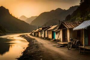 a motorcycle parked next to a river in front of a small village. AI-Generated photo