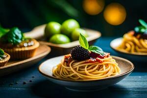 spaghetti with blackberries and basil on a wooden table. AI-Generated photo