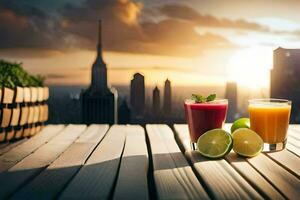 juice and lime on the table with cityscape in the background. AI-Generated photo