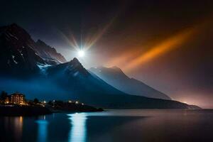 a full moon shines over a mountain range and lake. AI-Generated photo