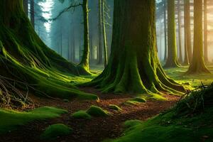 un bosque con cubierto de musgo arboles y verde césped. generado por ai foto