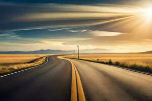 un largo vacío la carretera con el Dom brillante terminado él. generado por ai foto