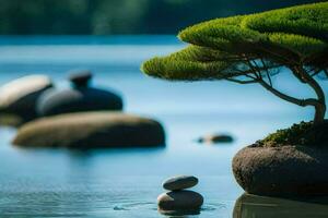 a bonsai tree sits on top of rocks in a lake. AI-Generated photo