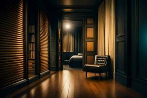 un oscuro pasillo con de madera pisos y un silla. generado por ai foto