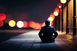 un hombre sentado en el suelo a noche con luces en el antecedentes. generado por ai foto