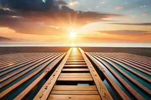 a wooden walkway leads to the sun. AI-Generated photo