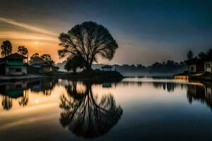 un árbol es reflejado en el agua a puesta de sol. generado por ai foto