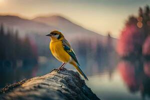 un amarillo pájaro se sienta en un Iniciar sesión cerca un lago. generado por ai foto