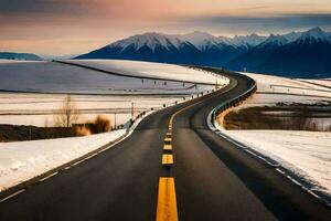 a long road in the snow with mountains in the background. AI-Generated photo