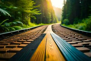 a train track in the woods with the sun shining. AI-Generated photo