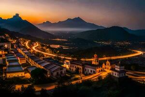 un pueblo a puesta de sol con montañas en el antecedentes. generado por ai foto