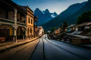 a street in the mountains with a train track. AI-Generated photo