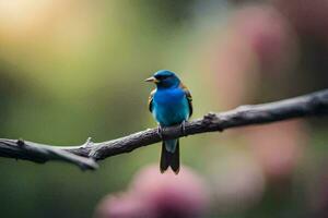 a small blue bird sits on a branch. AI-Generated photo