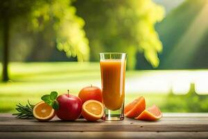 un naranja jugo y algunos naranjas son en un mesa. generado por ai foto