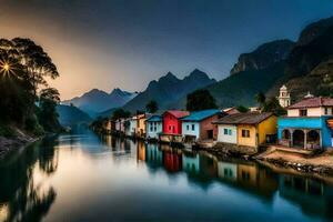 vistoso casas línea el bancos de un río a puesta de sol. generado por ai foto