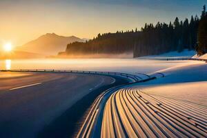a road in the snow with the sun rising over it. AI-Generated photo