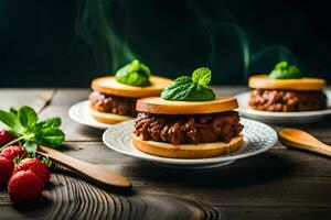 three hamburgers with cheese and strawberries on a wooden table. AI-Generated photo