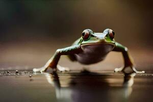 un rana es en pie en el agua con sus piernas desparramar. generado por ai foto