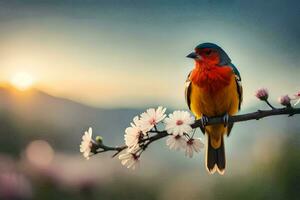 a colorful bird sits on a branch with flowers in the background. AI-Generated photo