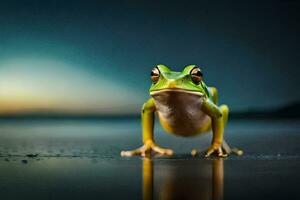 a frog is standing on the ground with its legs spread. AI-Generated photo