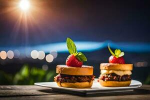 two mini sandwiches with strawberries on top of a white plate. AI-Generated photo