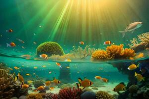 the sun shines over a coral reef with fish and corals. AI-Generated photo