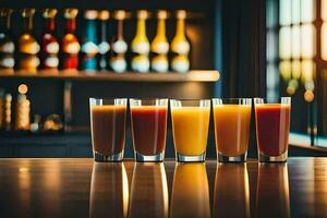 five glasses of orange juice on a bar counter. AI-Generated photo