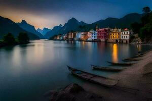 photo wallpaper the sky, mountains, water, boats, houses, the city, the river,. AI-Generated