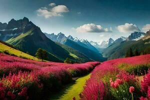 un campo de rosado flores y montañas en el antecedentes. generado por ai foto