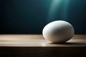 an egg sitting on a wooden table with a light shining on it. AI-Generated photo