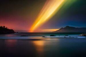 un arco iris ligero brilla terminado el océano. generado por ai foto