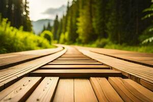 a wooden walkway in the middle of a forest. AI-Generated photo