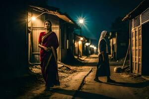 dos mujer en saris caminar abajo un oscuro callejón a noche. generado por ai foto