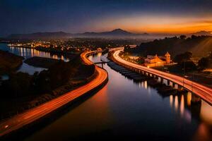 photo wallpaper the sky, road, bridge, river, mountains, city, the city, the. AI-Generated