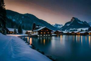 un lago y un montaña pueblo a noche. generado por ai foto