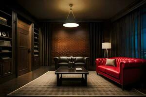 a living room with red couches and a brick wall. AI-Generated photo