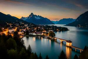 un hermosa ver de un pueblo y lago a oscuridad. generado por ai foto